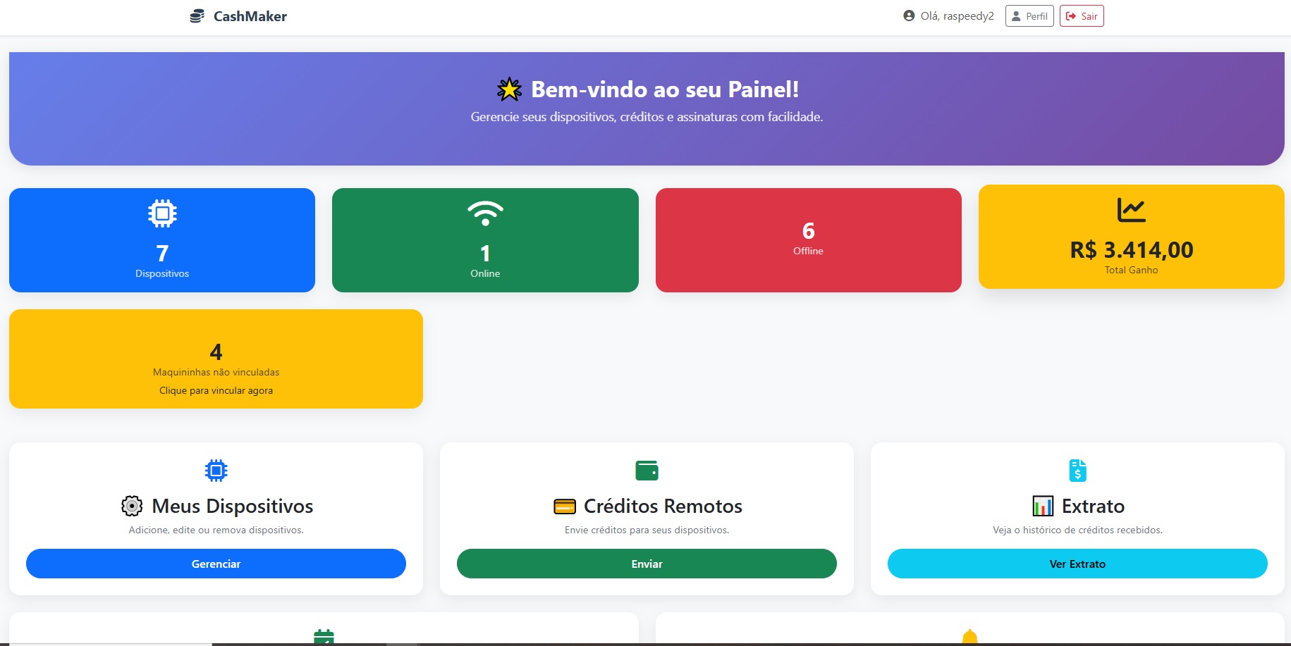 Dashboard do sistema CashMaker mostrando controle de vendas, estoque e pagamentos PIX